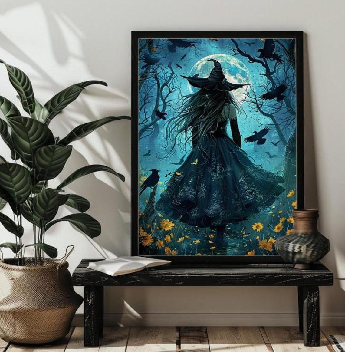 Moonlit Witch in the Forest Ravens Blue Magic Night Art Poster