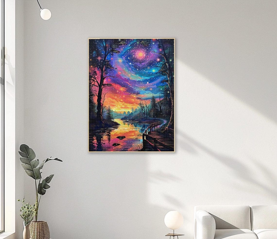Starry Night Lake with Shimmering Aurora and Tall Pine Trees Poster - Image 2