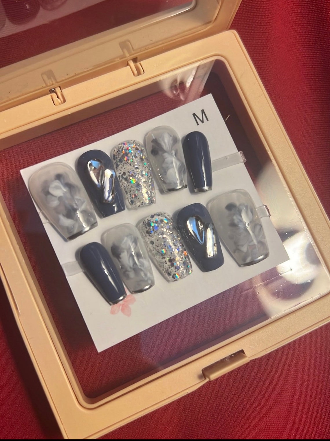 Handmade 3D Navy Blue Marble Chrome Heart Press On Nails Poster