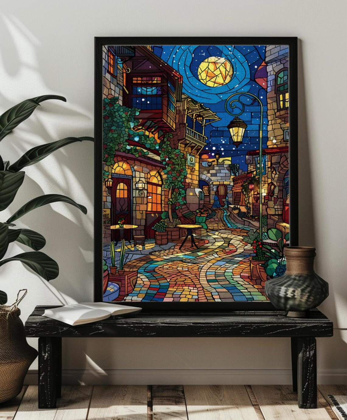 Stained Glass Night Town Village Street Art Print