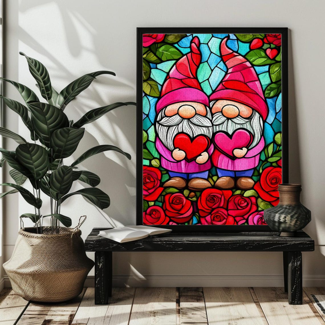 Two Red Gnomes with Roses and Hearts Valentine Love Decor Poster - Image 2