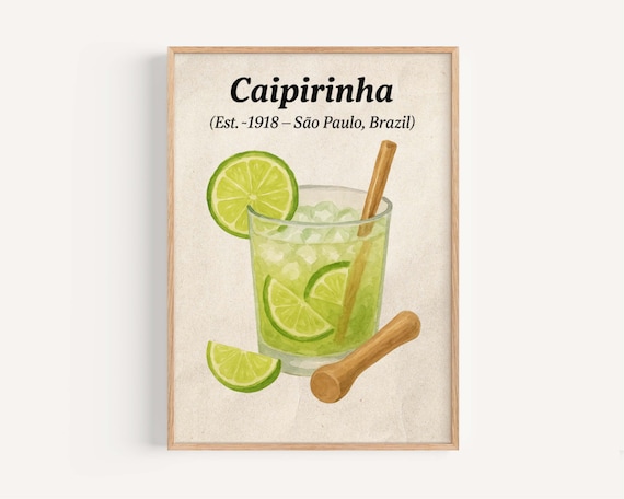 Caipirinha Sao Paulo Brazil Vintage Cocktail Watercolor Bar Poster