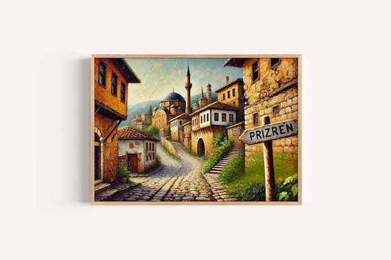 Prizren Kosovo Old Town Mosque Cobblestone Street Oil Style Poster