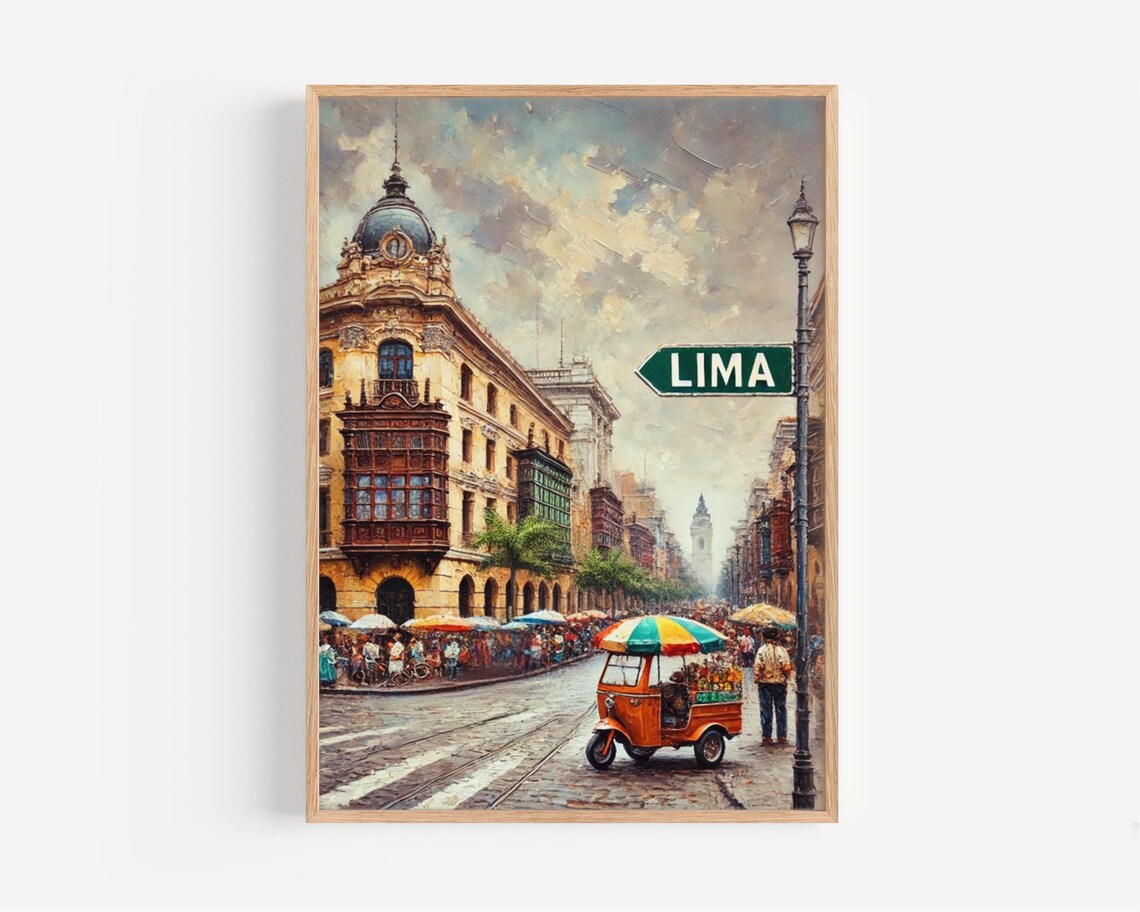 Vintage Lima Peru Street Scene Tuk Tuk Colonial Buildings Travel Poster