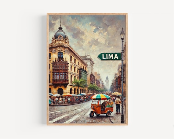 Vintage Lima Peru Street Scene Tuk Tuk Colonial Buildings Travel Poster