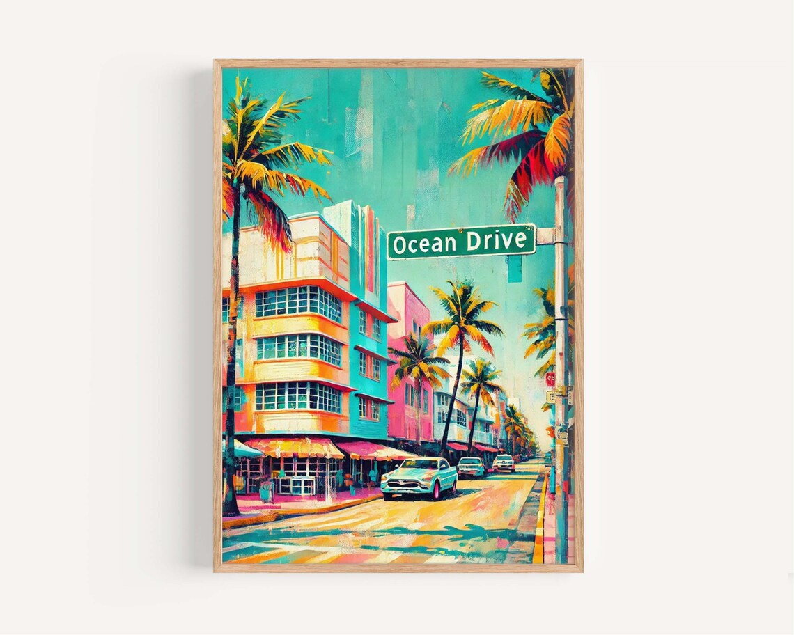 Ocean Drive Miami Beach Art Deco Travel Poster