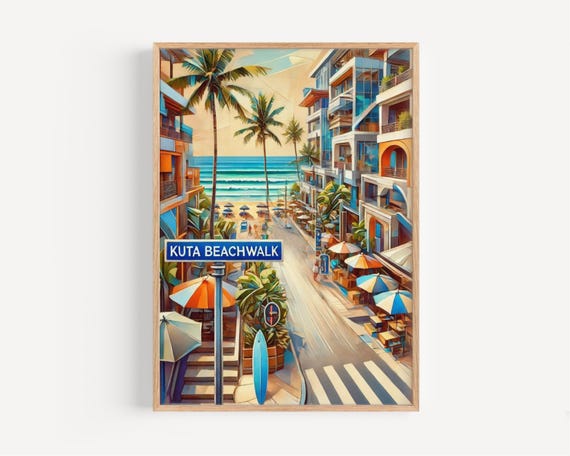 Bali Kuta Beachtown Wall Art Print Travel Poster Indonesia Souvenir Housewarming Gift Decor Tropical Beach Illustration