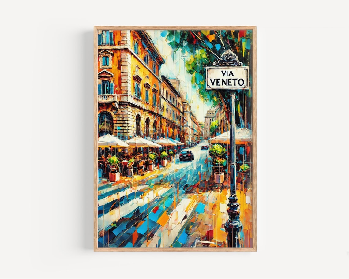 Via Veneto Rome Oil Painting Colorful Sidewalk Cafe Street Poster