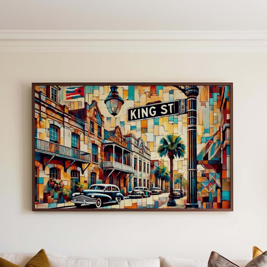 King Street Charleston Cubism Street Scene Poster With Palms Classic Cars