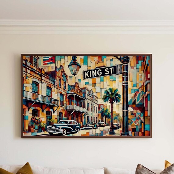 King Street Charleston Cubism Street Scene Poster With Palms Classic Cars