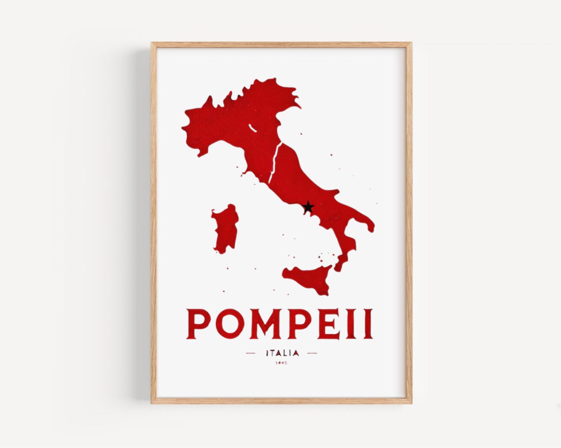 Pompeii Italy Bold Red Country Map Historic Ruins Art Poster