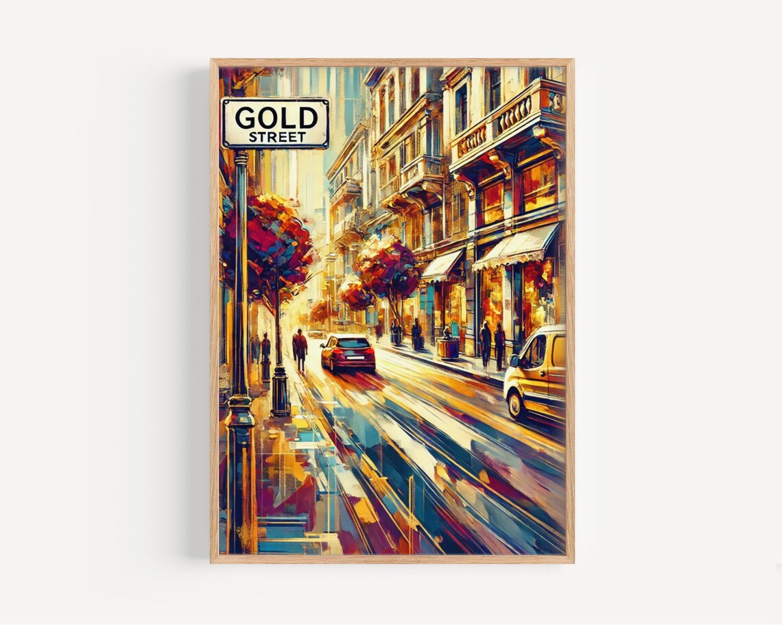 Gold Street Santorini Greece Sunlit Old Town Street Sign Travel Poster
