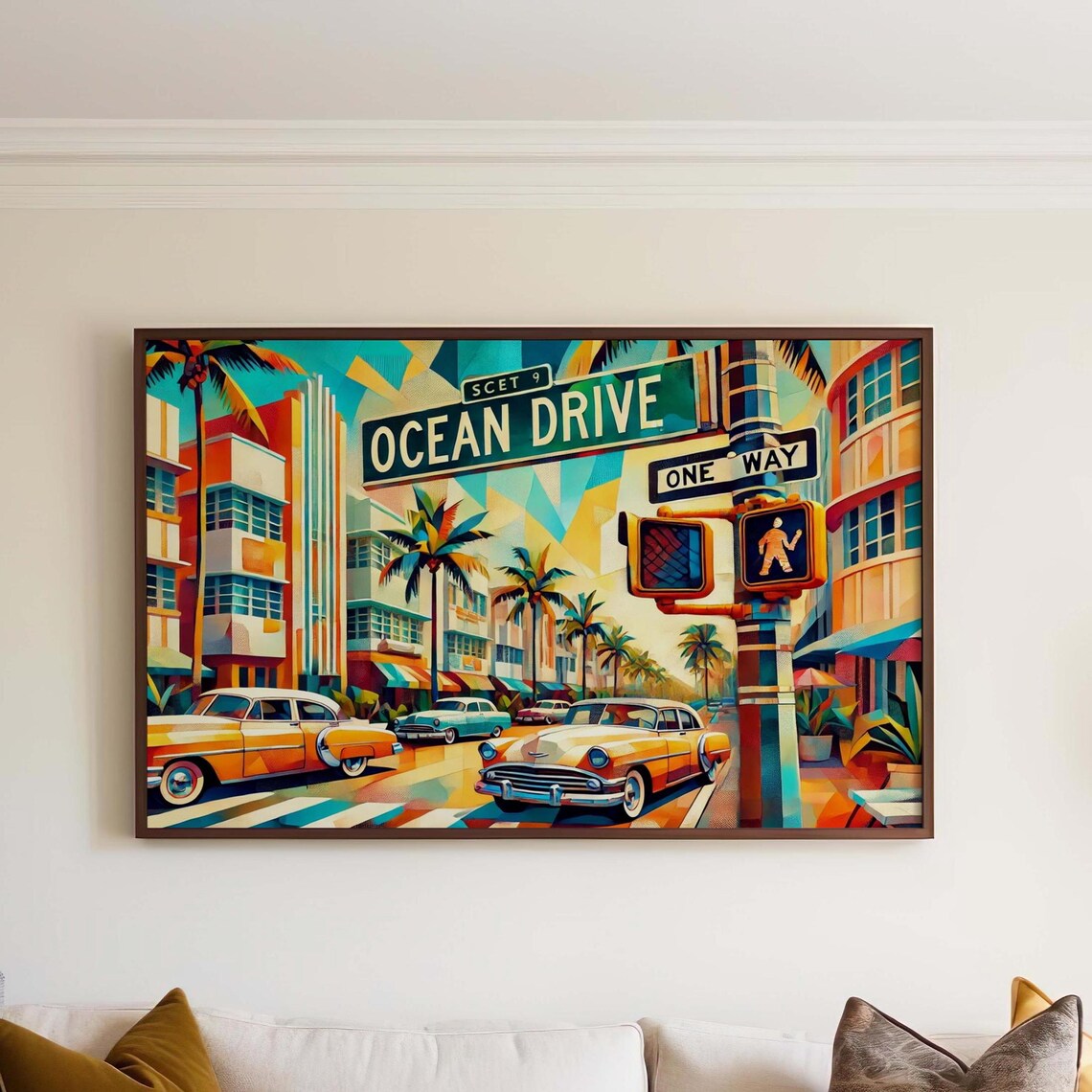 Ocean Drive Miami Cubism Poster With Vintage Cars Palm Trees Art Deco Art