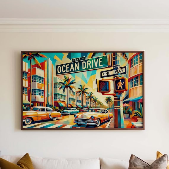 Ocean Drive Miami Cubism Poster With Vintage Cars Palm Trees Art Deco Art