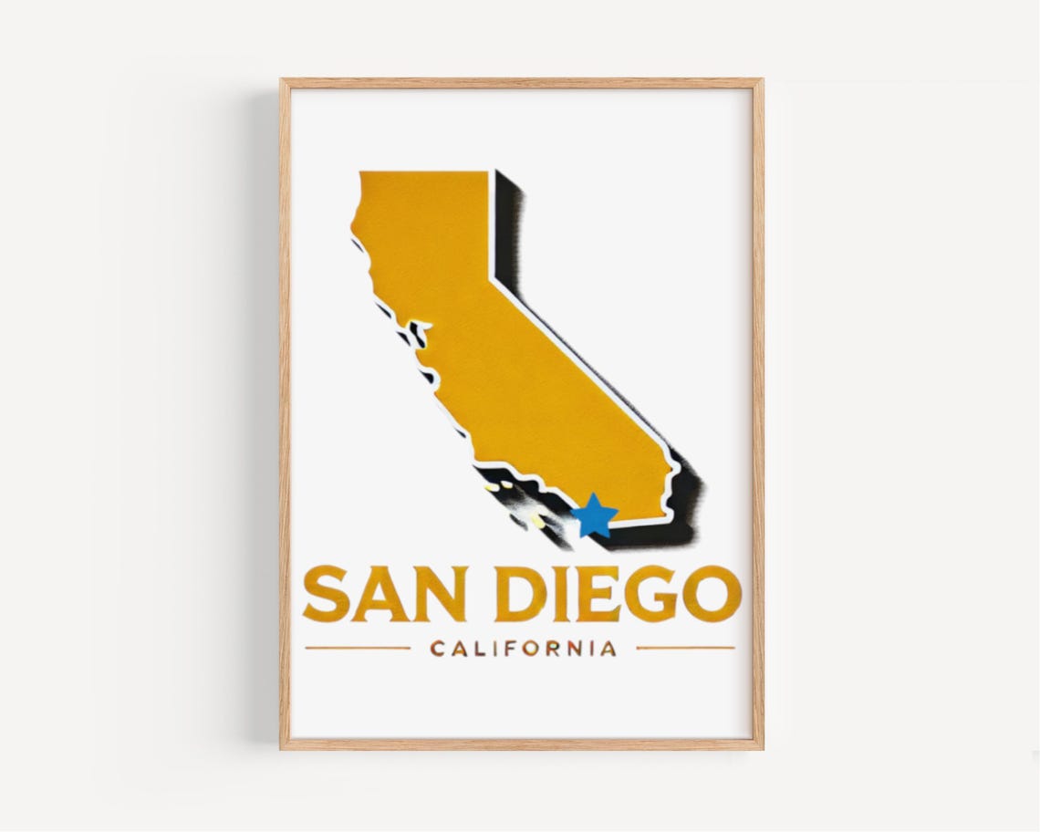 San Diego California Gold State Shape Coastal Travel Map Poster