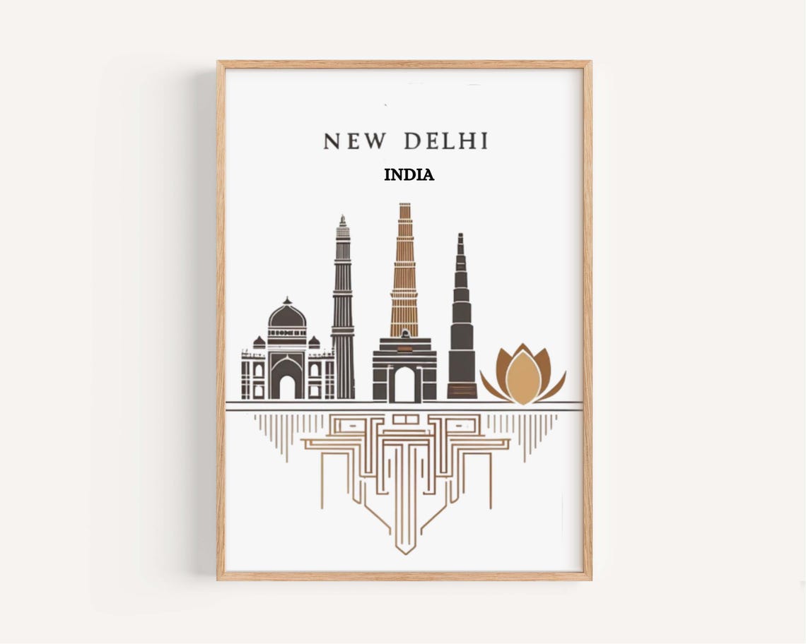 New Delhi India Qutub Minar City Skyline Landmarks Travel Poster