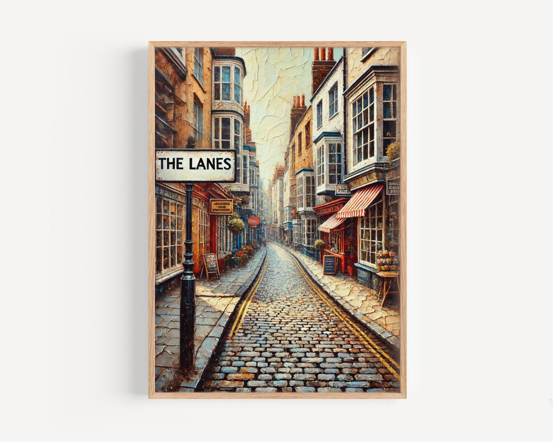 The Lanes England Cobblestone Street Oil Painting Style Travel Poster