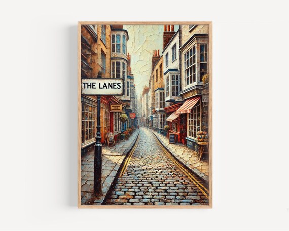 The Lanes England Cobblestone Street Oil Painting Style Travel Poster