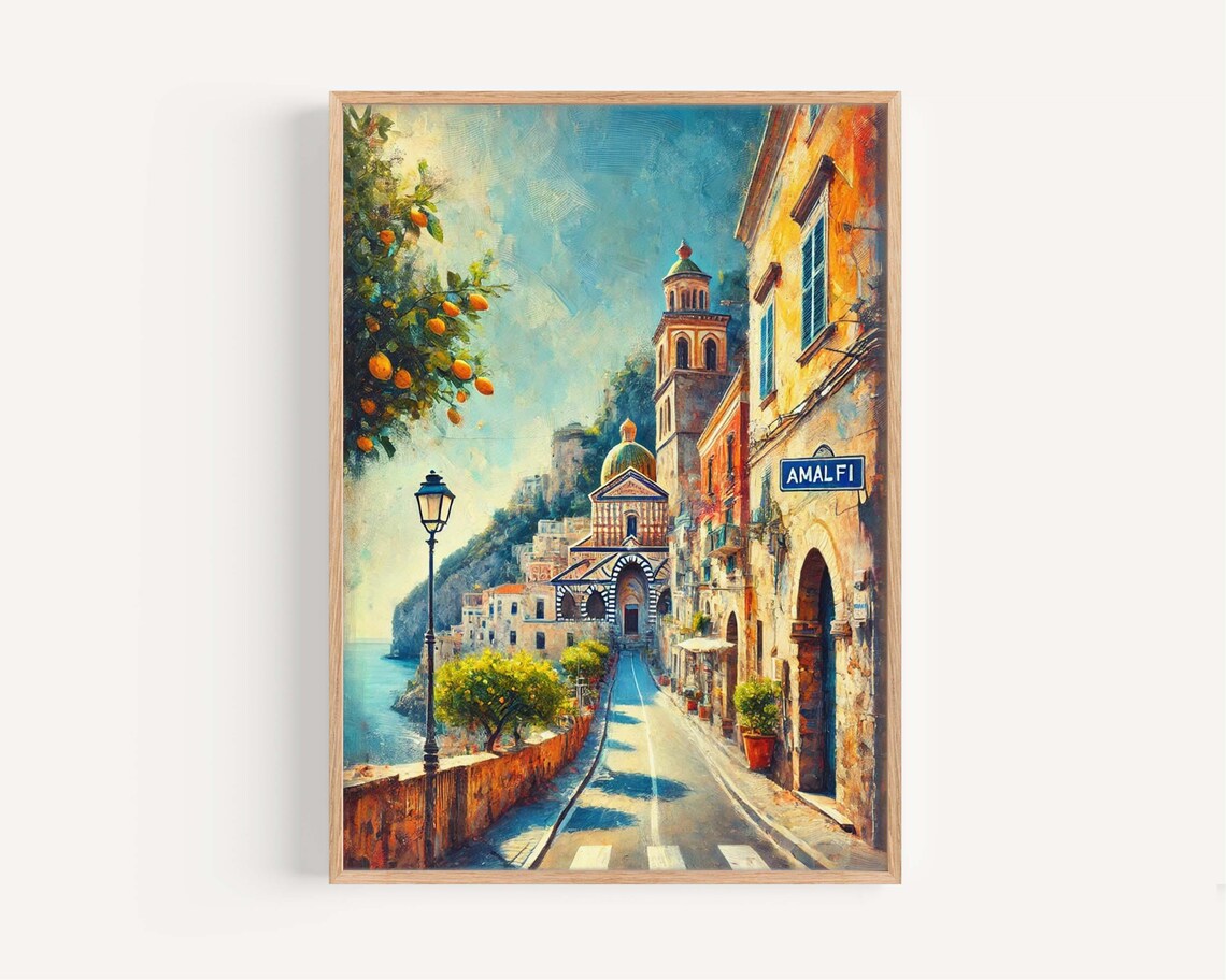 Amalfi Italy Coastal Town Street Orange Trees Vintage Travel Poster