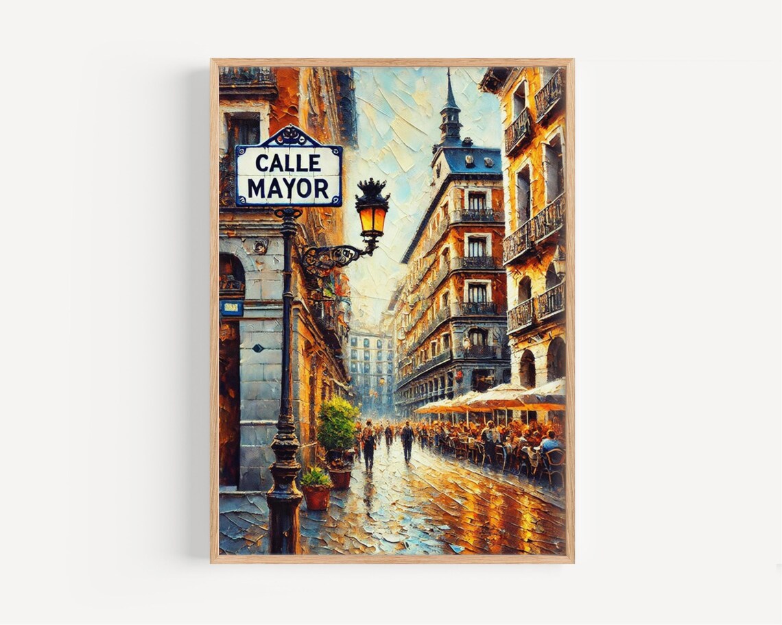 Calle Mayor Madrid Oil Painting Street Cafe Scene Travel Poster