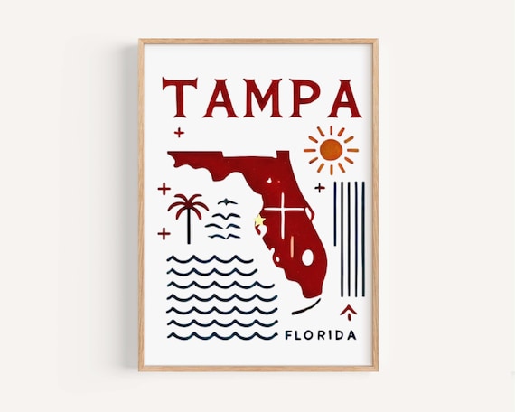 Tampa Florida Red State Map Illustration Coastal Travel Print