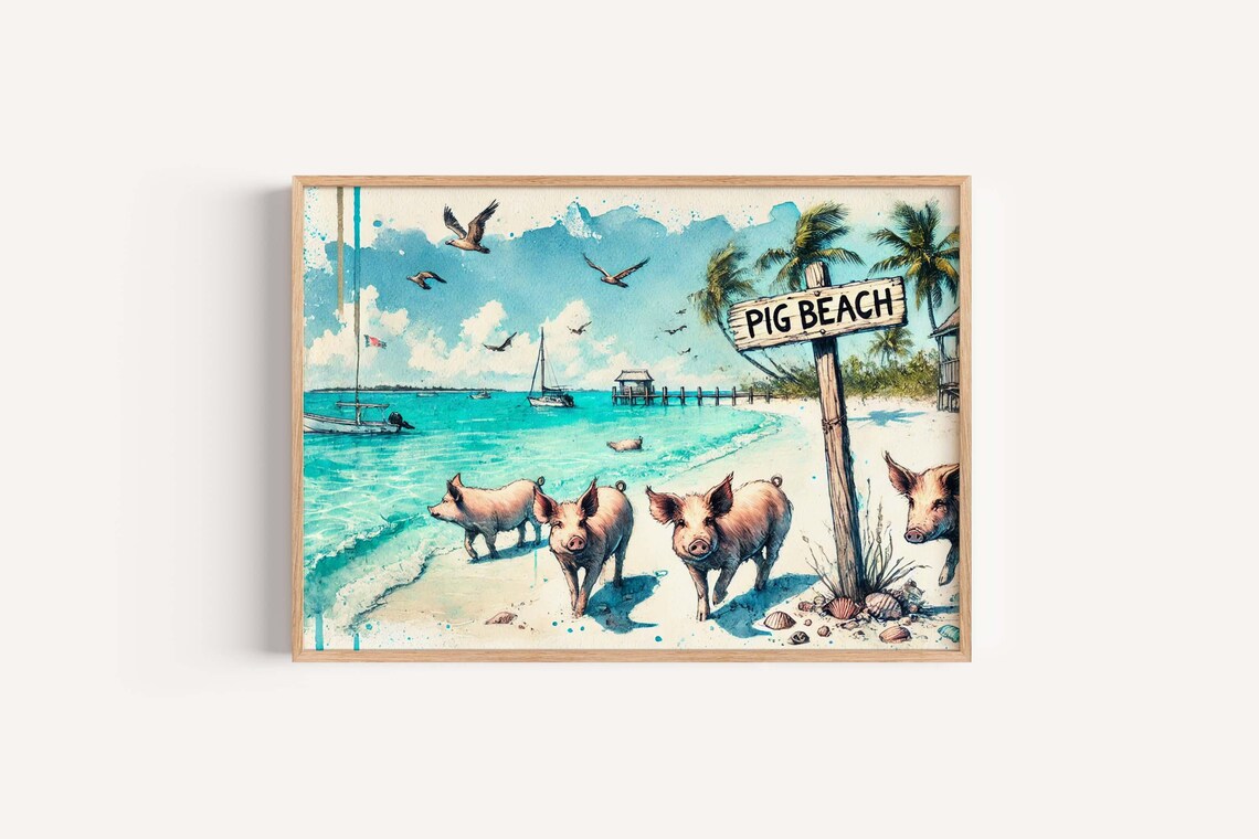 Pig Beach Swimming Pigs Tropical Island Watercolor Sign Art Poster