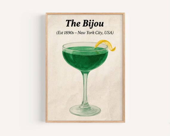 The Bijou Vintage Emerald Cocktail Coupe Watercolor Bar Poster