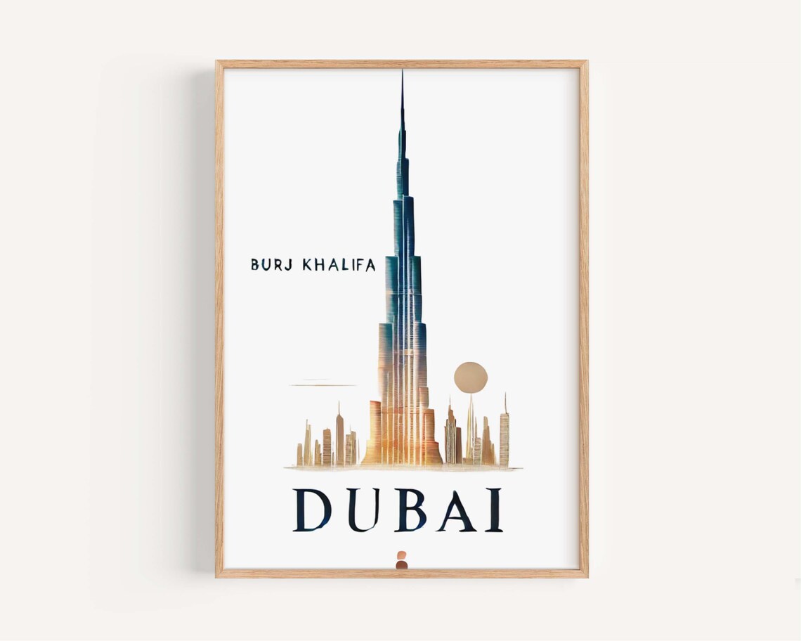 Burj Khalifa Dubai Sunset Watercolor Skyline Modern Travel Poster