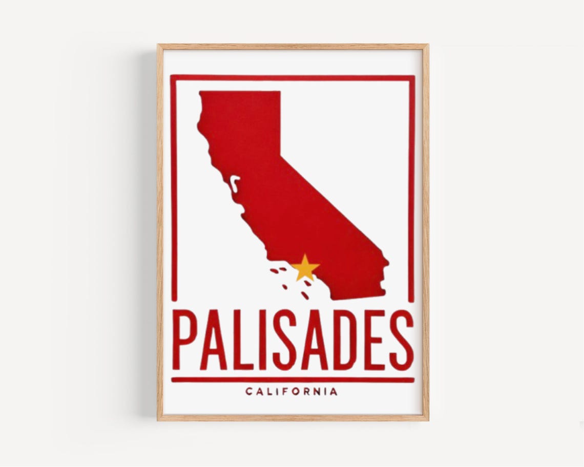 Palisades California Red State Silhouette Gold Star Map Poster