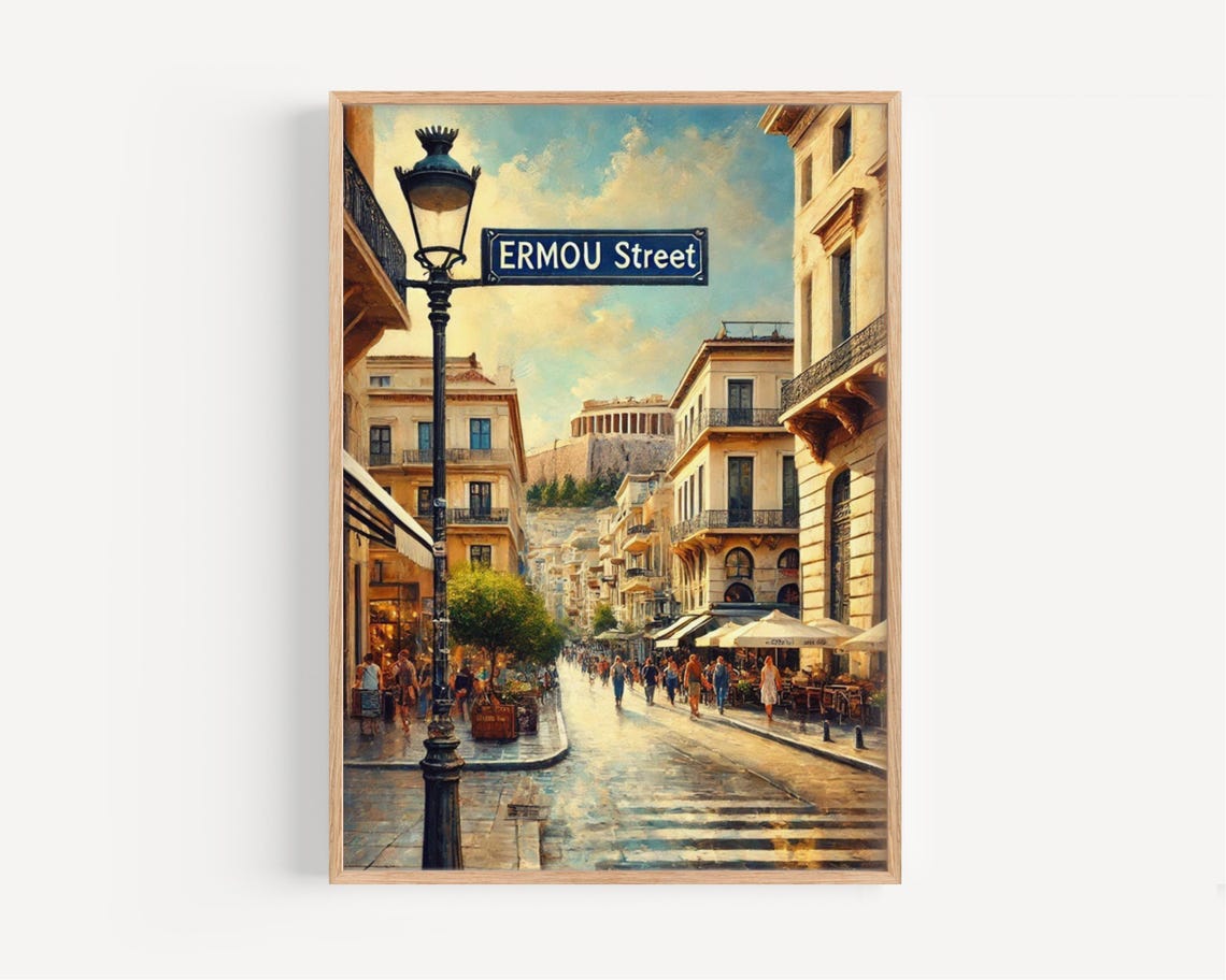 Ermou Street Athens Greece Acropolis Bustling Shopping Scene Poster