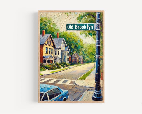 Cleveland Old Brooklyn Wall Art Print Vintage Travel Poster Ohio Decor Housewarming Gift Usa Cityscape Illustration