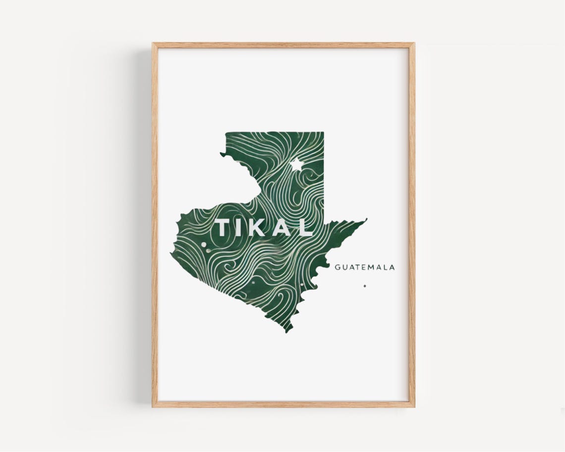 Tikal Guatemala Dark Green Topographic Map Silhouette Poster