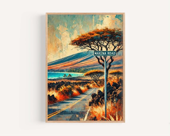 Makena Road Maui Hawaii Travel Poster Tropical Coast With Kiawe Trees Artwork