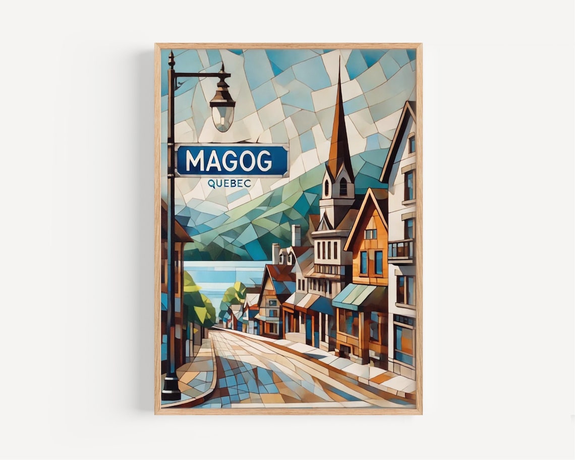 Magog Quebec Mosaic Style Old Town Street Scene Travel Poster