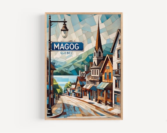 Magog Quebec Mosaic Style Old Town Street Scene Travel Poster