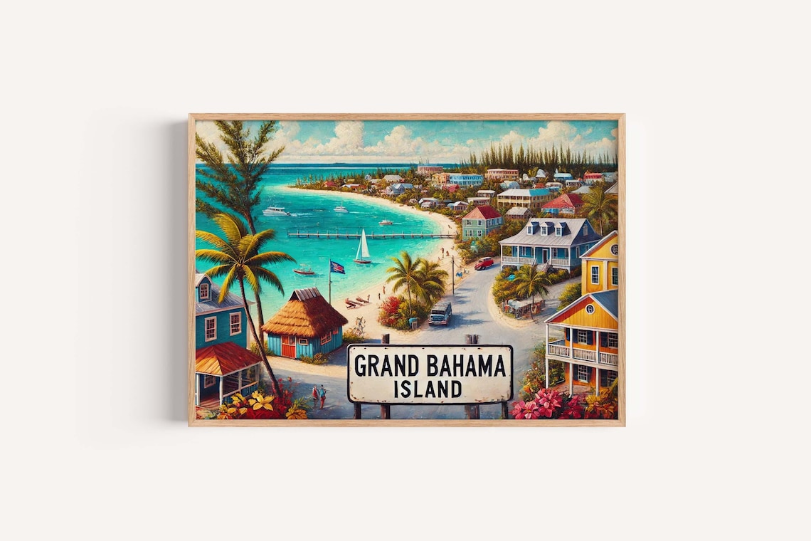 Grand Bahama Island Tropical Bay Town Colorful Houses Sign Poster