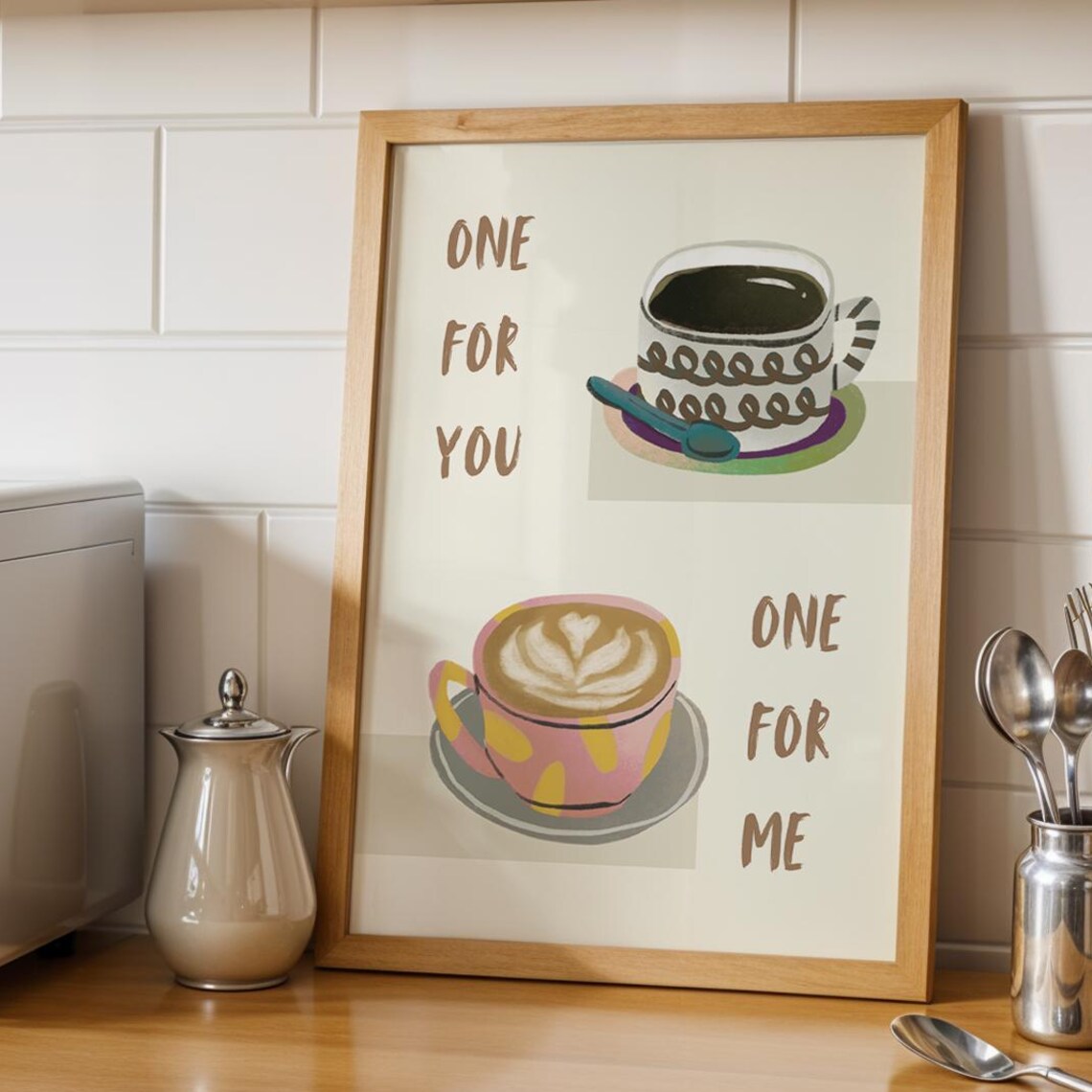 One For You One For Me Coffee Cups Kitchen Illustration Art Poster
