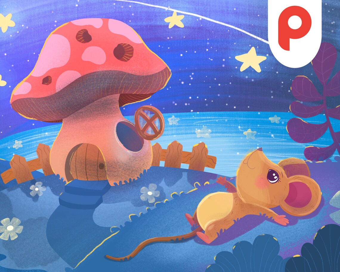 Dreamy Little Mouse Gazing at a Mushroom House Under Starry Sky Poster