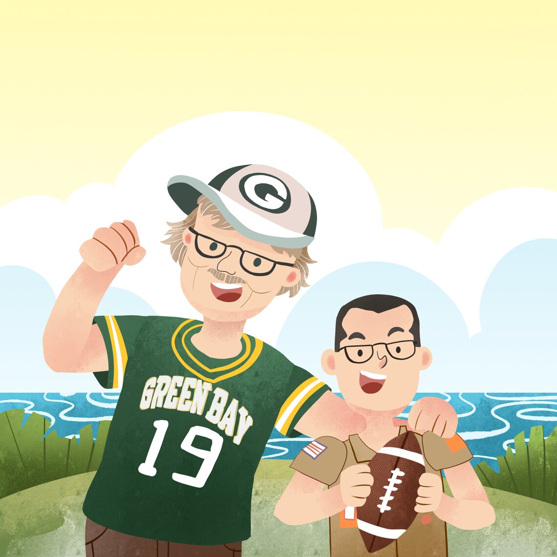 Proud Father and Son Football Fans in Green Bay Jersey Poster