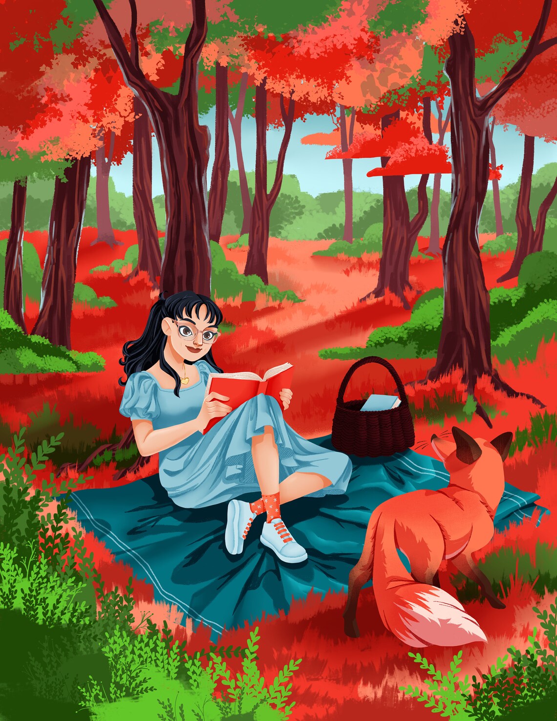Girl Reading a Book in a Red Autumn Forest with a Fox Poster