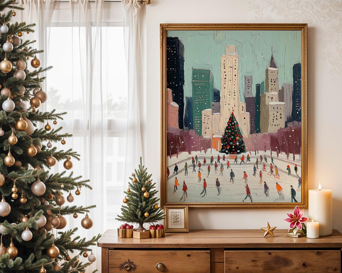 New York Ice Rink Christmas Oil Painting Holiday Winter Scene Poster