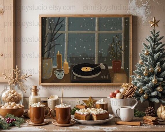 Cozy Winter Evening Record Player Snowy Window Christmas Wall Art