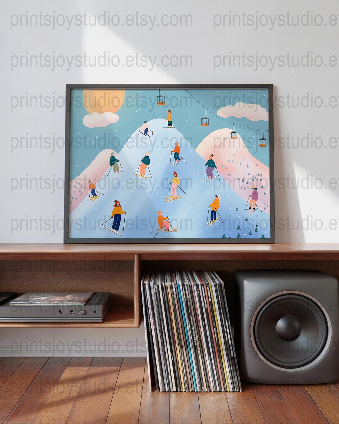 Vintage Style Skiers Mountain Gondola Winter Sports Illustration Poster