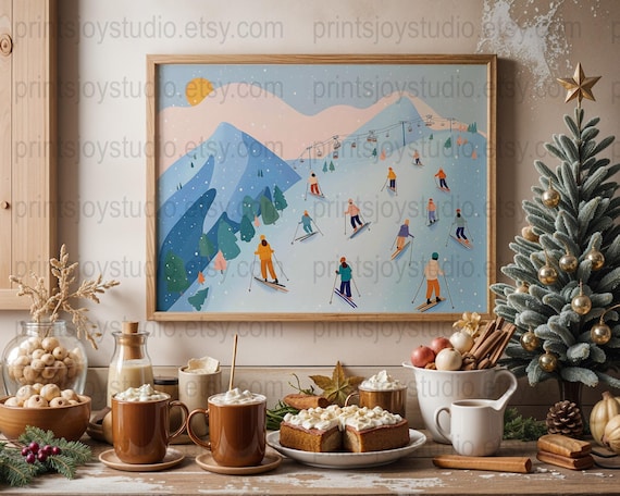 Winter Skiers Blue Mountain Ski Lift Colorful Christmas Poster
