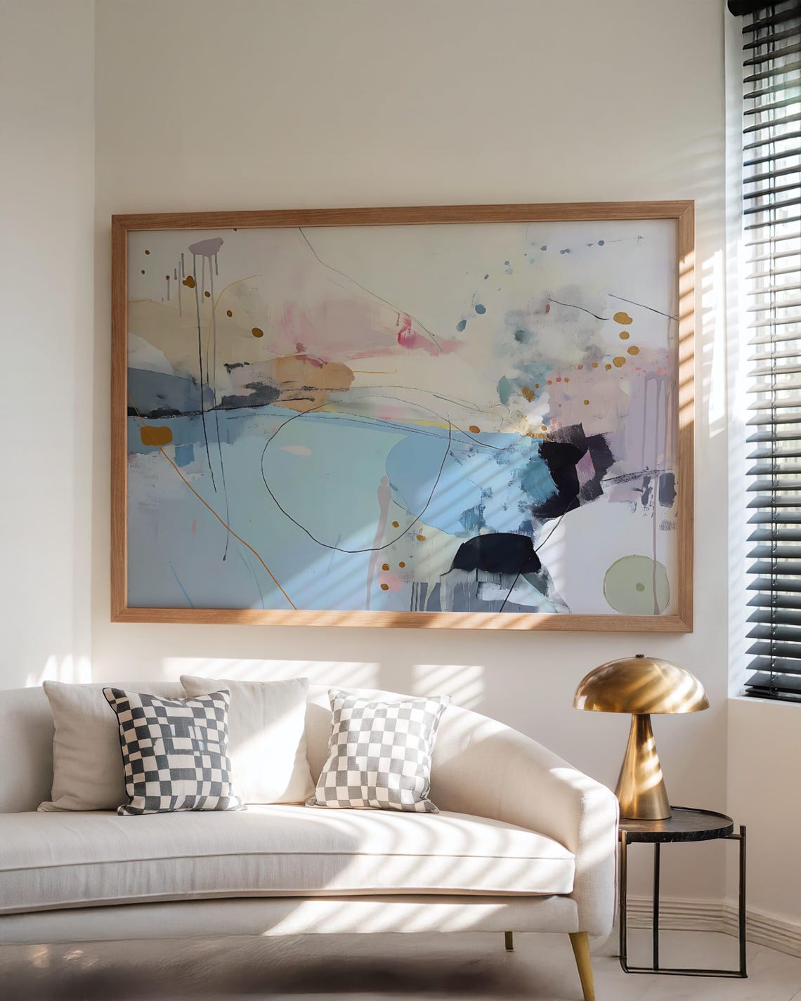 Calming Blue Cream Gold Abstract Landscape Large Horizontal Wall Art