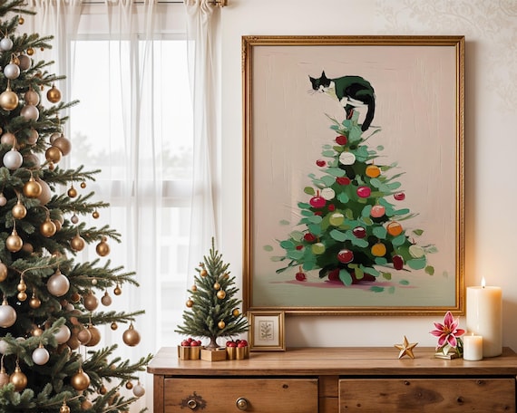Black Cat Climbing Christmas Tree Funny Holiday Cat Art Poster