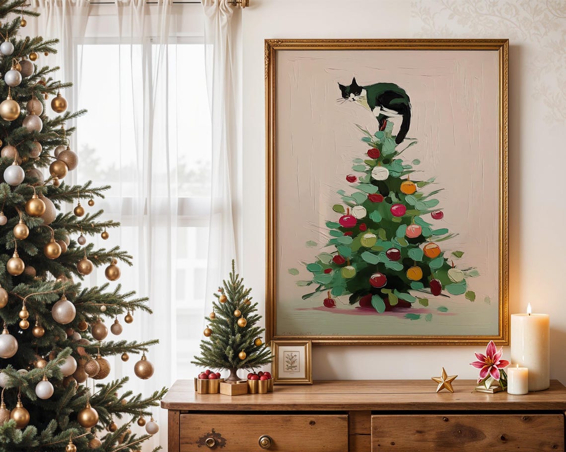 Black Cat Climbing Christmas Tree Funny Holiday Cat Art Poster