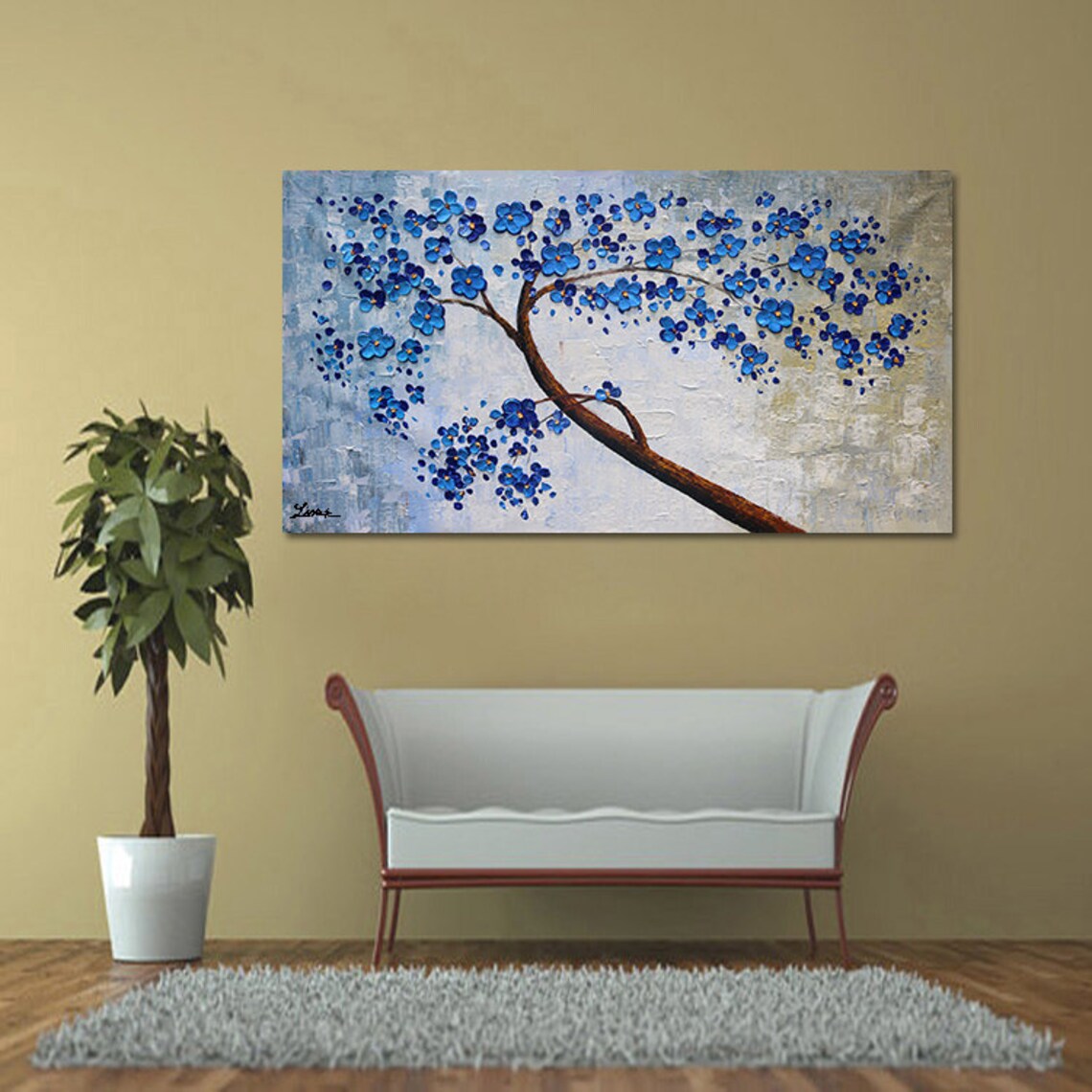 Cobalt Blue Flowering Branch On Icy Grey Textured Oil Paint Poster - Image 3