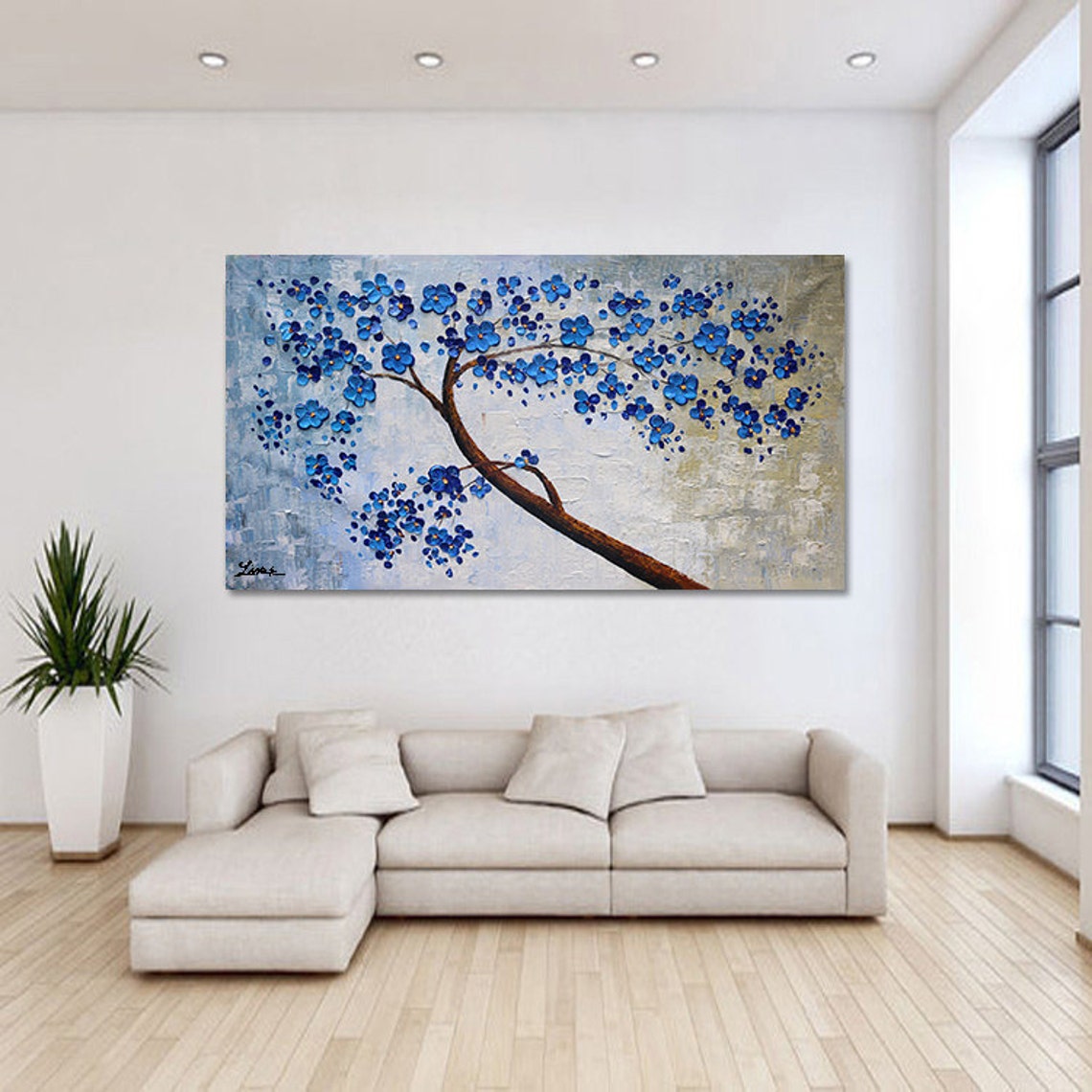 Cobalt Blue Flowering Branch On Icy Grey Textured Oil Paint Poster - Image 4