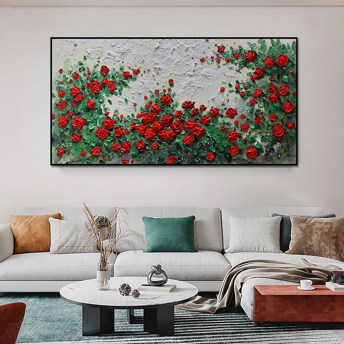 Red Roses Horizontal Panoramic Blooming Rose Bush Impasto Poster - Image 5